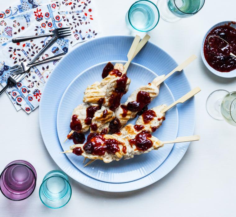 Chicken skewers with black cherry BBQ sauce